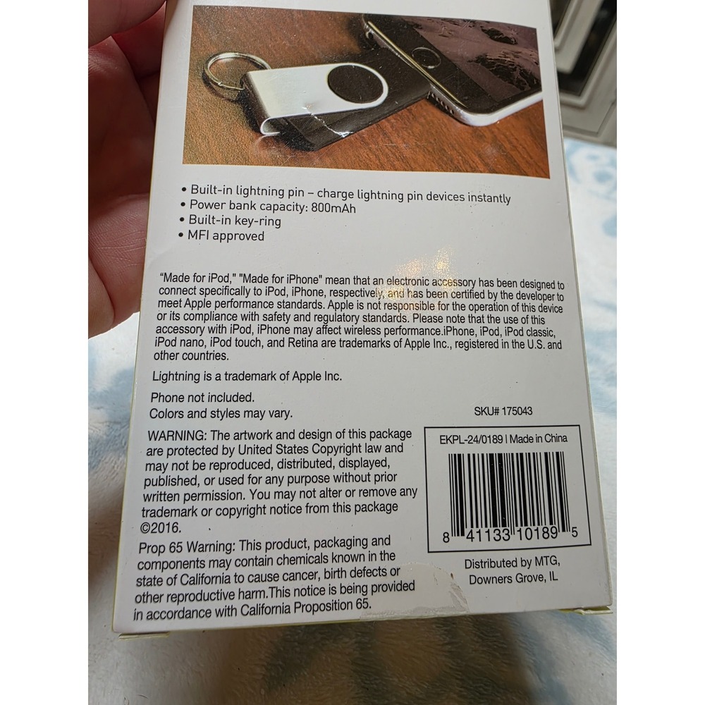 PowerXcel Emergency Lightning Powerbank Keychain 800mAh MFI Apple iPhone iPod - Picture 11 of 16